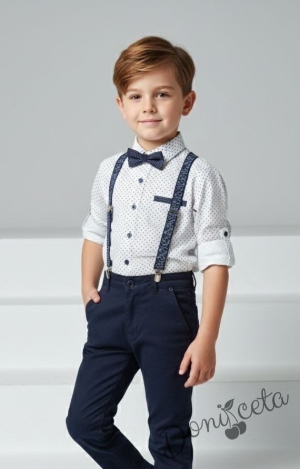 Комплект за момче от 4 части-риза в бяло с тъмносини орнаменти, панталони, тиранти и папийонка в тъмносиньо  от колекция Тъмносиняда