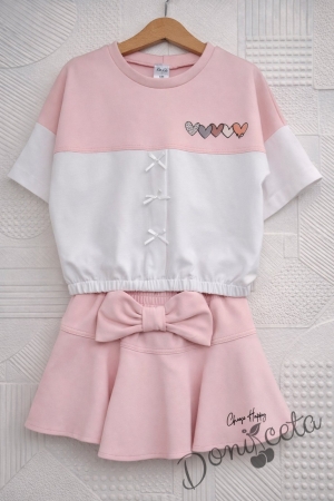 Комплект за момиче от 2 части- пола панталон в розово и блуза с къс ръкав