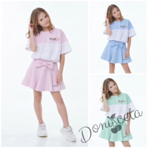 Комплект за момиче от 2 части- пола панталон в зелено и блуза с къс ръкав