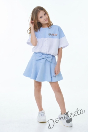 Комплект за момиче от 2 части- пола панталон в синьо и блуза с къс ръкав