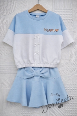 Комплект за момиче от 2 части- пола панталон в синьо и блуза с къс ръкав