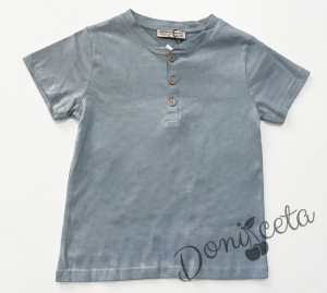 Детска блуза за момче в тюркоаз с къс ръкав и бежови копчета 