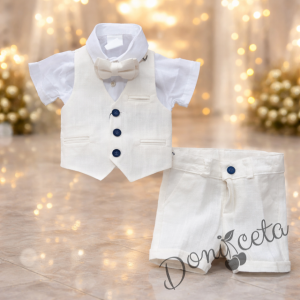 Летен комплект за момче в екрю от панталон, елек, папийонка и ризка в бяло с къс ръкав