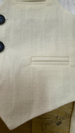 Летен комплект за момче в екрю от панталон, елек, папийонка и ризка в бяло с къс ръкав