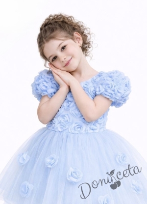 Официална детска рокля Розана с къс ръкав с 3D рози и богат тюл в светлосиньо