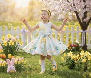 Официална или ежедневна детска рокля клош Вилина на цветя в жълто и тюркоаз