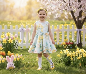 Официална или ежедневна детска рокля клош Вилина на цветя в жълто и тюркоаз