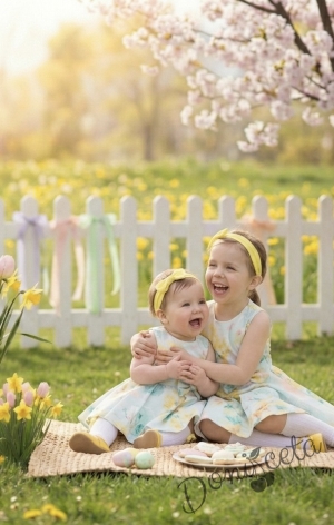 Официална или ежедневна детска рокля клош Вилина на цветя в жълто и тюркоаз