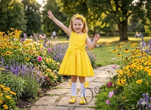 Официална или ежедневна детска и бебешка рокля в жълто клош  Вилина