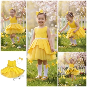 Детска официална рокля Надежда в жълто на точки тип клош с тюл в жълто олтдолу