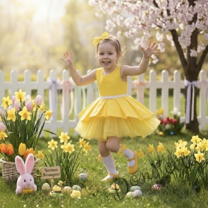 Детска официална рокля Надежда в жълто на точки тип клош с тюл в жълто олтдолу