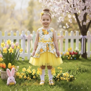 Детска официална рокля клош с жълти цветя  с тюл Надежда