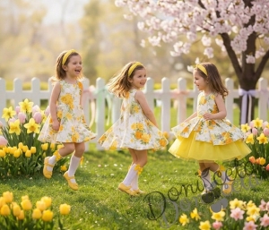 Детска официална рокля клош с жълти цветя  с тюл Надежда