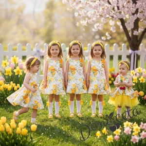 Детска официална рокля клош с жълти цветя  с тюл Надежда