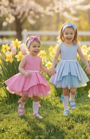 Официална детска памучна рокля Надежда в розово на точки тип клош с тюл от колекция Розовина