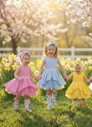 Официална детска памучна рокля Надежда в розово на точки тип клош с тюл от колекция Розовина