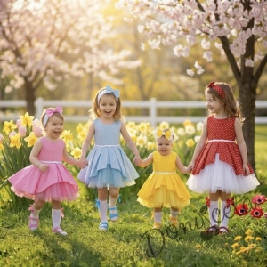 Официална детска памучна рокля Надежда в розово на точки тип клош с тюл от колекция Розовина