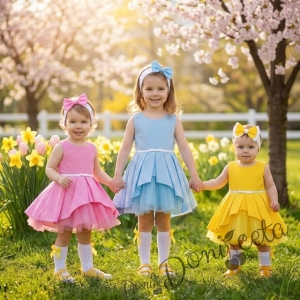 Официална детска памучна рокля Надежда в розово на точки тип клош с тюл от колекция Розовина