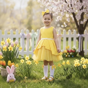 Детска официална памучна рокля  Надежда в жълто на точки тип клош с тюл и диадема за коса в жълто на точки