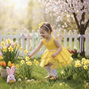 Детска официална памучна рокля  Надежда в жълто на точки тип клош с тюл и диадема за коса в жълто на точки