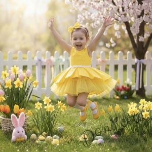 Детска официална памучна рокля  Надежда в жълто на точки тип клош с тюл и диадема за коса в жълто на точки