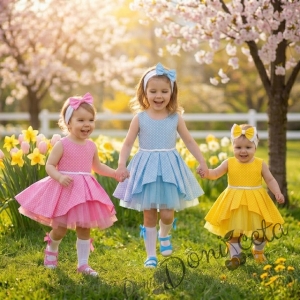 Детска официална рокля  Надежда на точки тип клош  в розово от колекция Розовина 853027