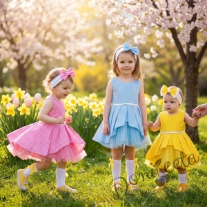 Детска официална рокля  Надежда на точки тип клош  в розово от колекция Розовина 853027