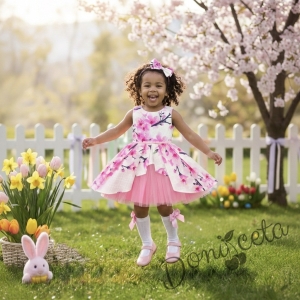 Детска официална памучна рокля Надежда с цветя в розово с тюл и коланче в розово