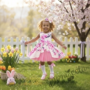 Детска официална памучна рокля Надежда с цветя в розово с тюл и коланче в розово
