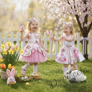 Детска официална рокля Надежда с розови цветя тип клош с тюл в розово