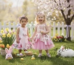 Детска официална рокля Надежда с розови цветя тип клош с тюл в розово