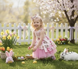 Детска официална рокля Надежда с розови цветя тип клош с тюл в розово