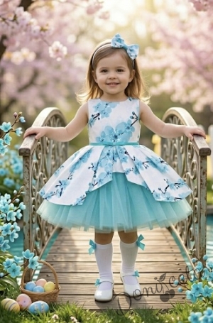 Детска официална памучна рокля с цветя в тюркоаз с тюл и колан Надежда