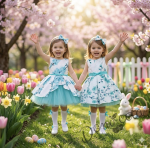 Детска официална памучна рокля с цветя в тюркоаз с тюл и колан Надежда