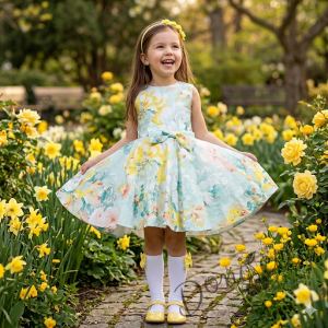 Официална или ежедневна детска рокля клош Вилина на цветя в жълто и тюркоаз