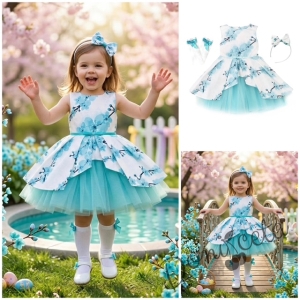 Детска официална памучна рокля с цветя в тюркоаз с тюл и колан Надежда с чорапи и диадема