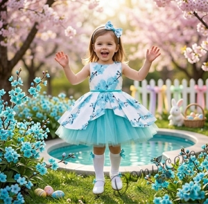 Детска официална памучна рокля с цветя в тюркоаз с тюл и колан Надежда с чорапи и диадема