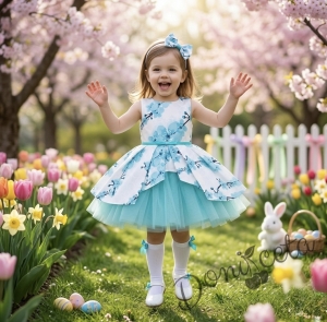 Детска официална памучна рокля с цветя в тюркоаз с тюл и колан Надежда с чорапи и диадема