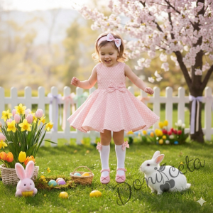 Официална или ежедневна детска/бебешка рокля в прасковено на бели точки тип клош 