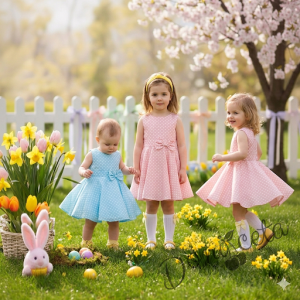 Официална или ежедневна детска/бебешка рокля в прасковено на бели точки тип клош 