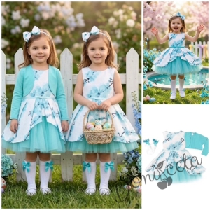 Детска рокля Надежда с цветя в тюркоаз тип клош с тюл и колан и болеро в тюркоаз и чорапки с панделка