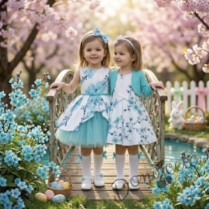 Детска рокля Надежда с цветя в тюркоаз тип клош с тюл и колан и болеро в тюркоаз и чорапки с панделка