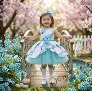 Детска рокля Надежда с цветя в тюркоаз тип клош с тюл и колан и болеро в тюркоаз и чорапки с панделка