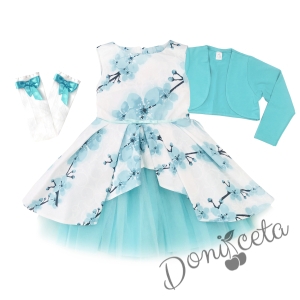 Детска официална рокля с цветя в тюркоаз тип клош с тюл и колан и болеро в тюркоаз и чорапи 1