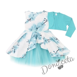 Детска официална рокля с цветя в тюркоаз тип клош с тюл и колан и болеро в тючкоаз и чорапи 2