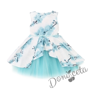 Детска официална рокля с цветя в тюркоаз тип клош с тюл и колан и болеро в тючкоаз и чорапи 3