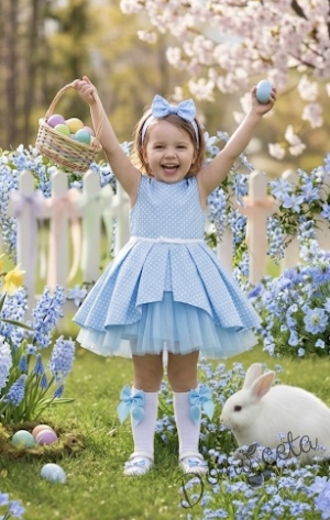 Детска официална памучна рокля Надежда на точки с тюл в светлосиньо 