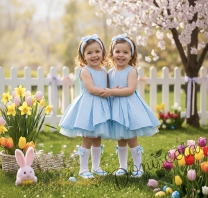 Детска официална памучна рокля Надежда на точки с тюл в светлосиньо 