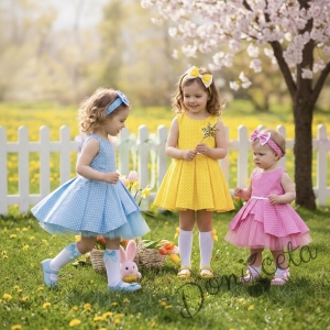 Детска официална памучна рокля Надежда на точки с тюл в светлосиньо 