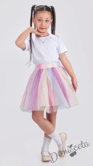 Интересна детска пола за момиче от тюл с блясък в розово, синьо, жълто и лилаво Радост 1